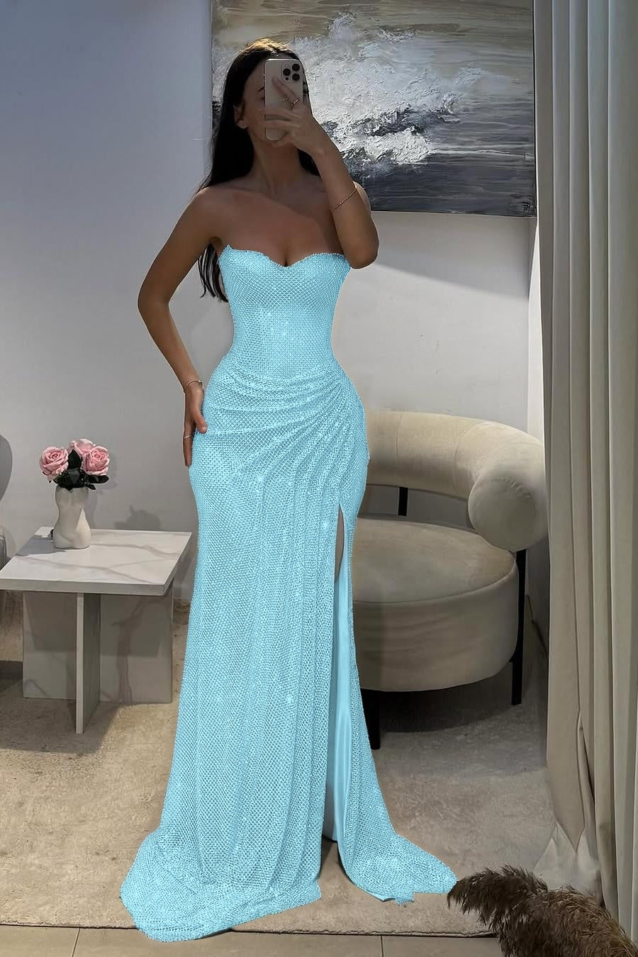 Shinning Silver Sweetheart Sleeveless Long Pleated Prom Dress with Split