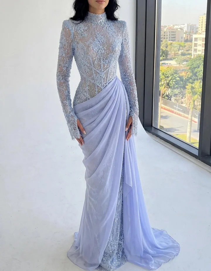 Chic High Neck Long Sleeves Beaded Applique Pleated Prom Dress with Train