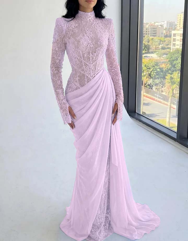 Chic High Neck Long Sleeves Beaded Applique Pleated Prom Dress with Train