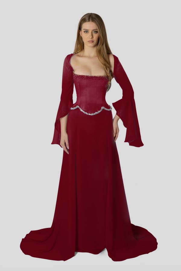 Stunning Square Neck Beaded Long Ruffles Sleeves Prom Dress