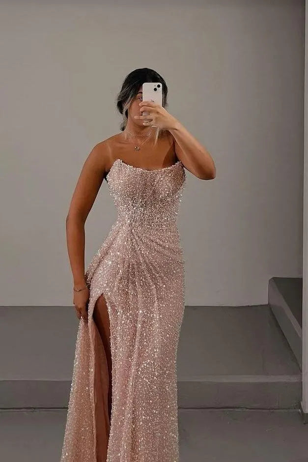 Glamorous Light Pink Sequins Strapless Sleeveless Long Prom Dress with Split