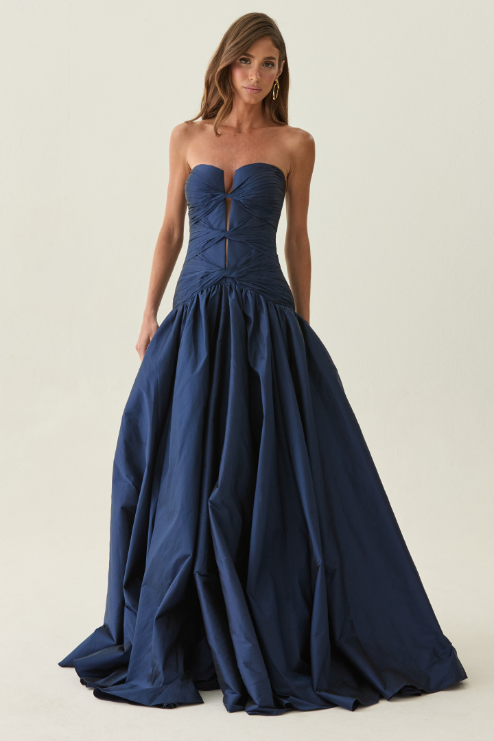 Elegant Dark Navy Sleeveless Strapless Long Prom Dress with Corset