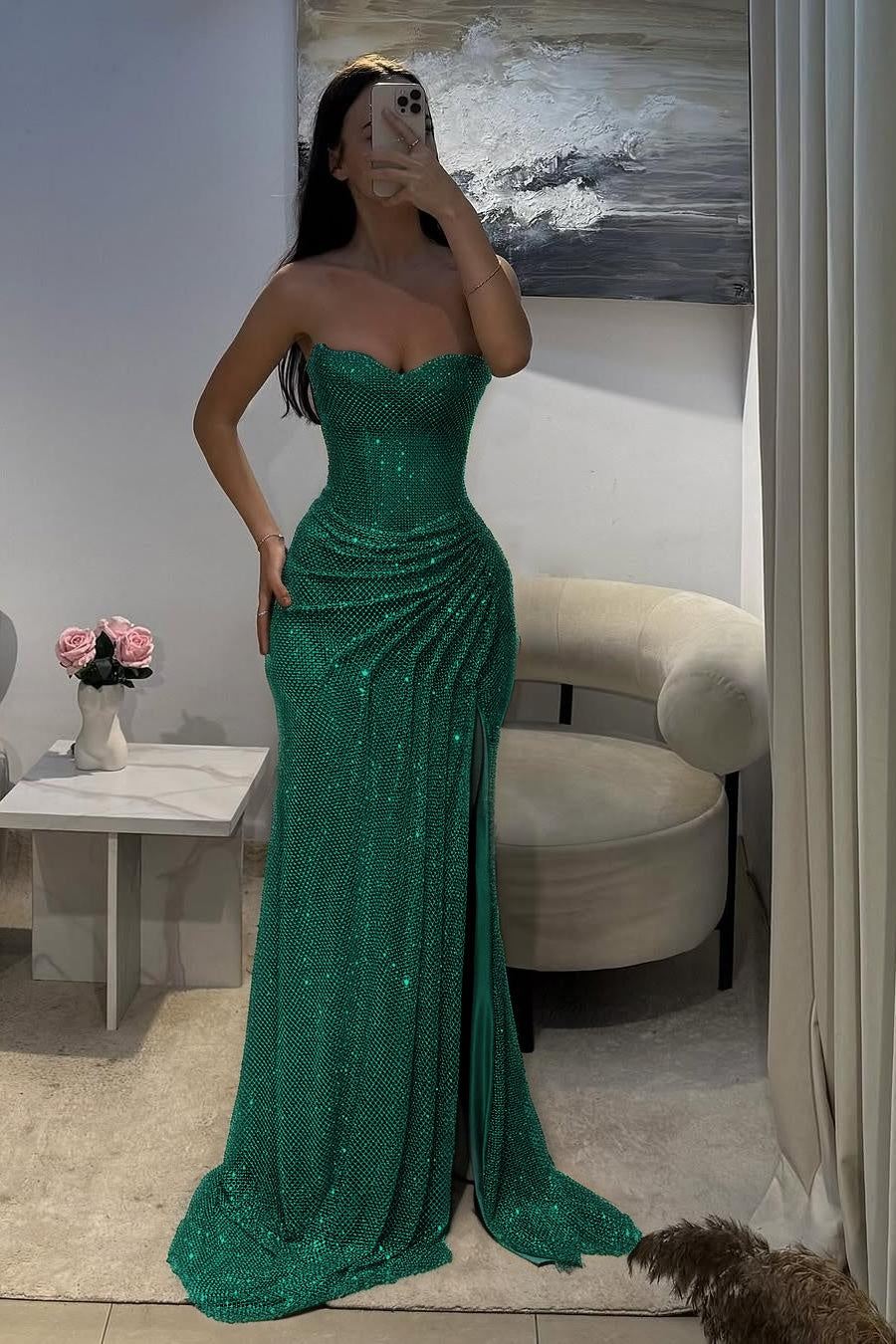 Shinning Silver Sweetheart Sleeveless Long Pleated Prom Dress with Split
