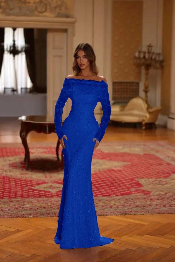 Chic Pink Lace Bateau Neck Long Sleeves Sequins Mermaid Prom Dress