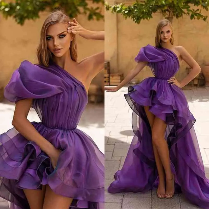 One Shoulder Dark Purple Hi-Lo Short Prom Dress With Long Ruffles Online