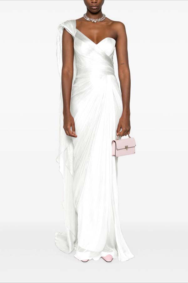 Charming Pink One Shoulder Sleeveless Pleated Prom Dress with Train