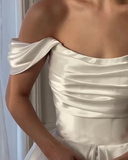 Exquisite White Satin Strapless Off the Shoulder A Line Prom Dress with Ruffles