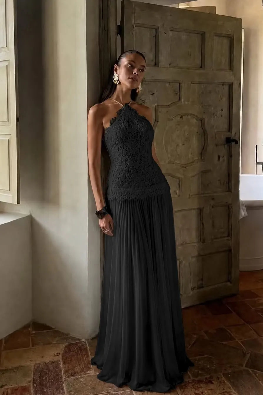 Elegant White Lace Sleeveless Halter Long Prom Dress with Pleated
