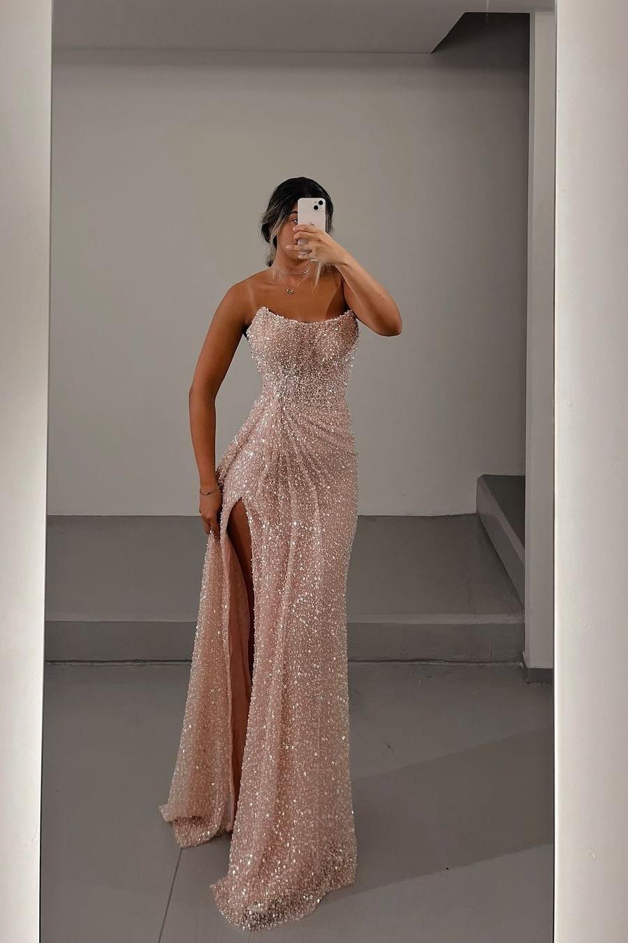 Glamorous Light Pink Sequins Strapless Sleeveless Long Prom Dress with Split