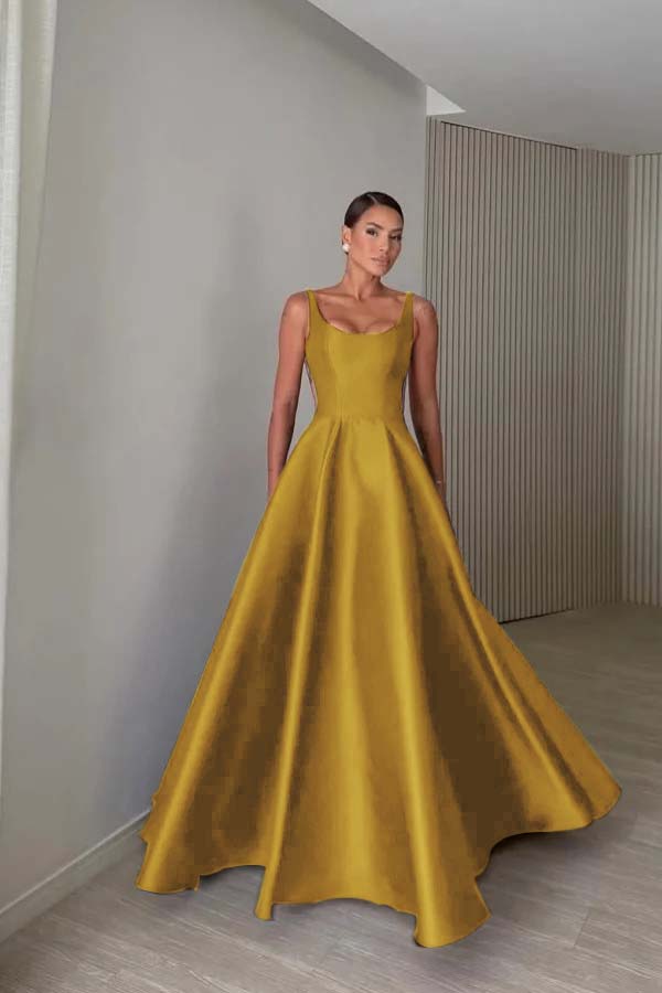 Elegant Satin Wide Shoulder Straps Sleeveless Backless Prom Dress