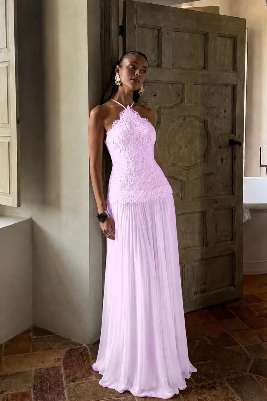 Elegant White Lace Sleeveless Halter Long Prom Dress with Pleated