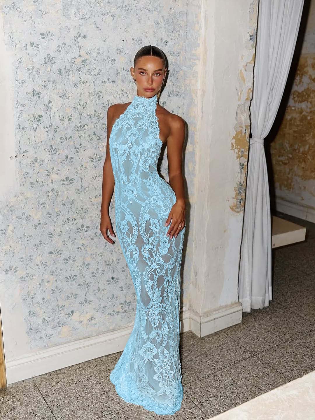 Feminine White Halter Sleeveless Lace Backless Prom Dress