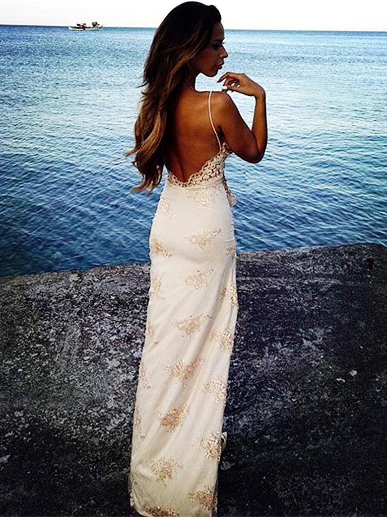Elegant Lace Spaghetti-Strap Evening Dresses Front Split