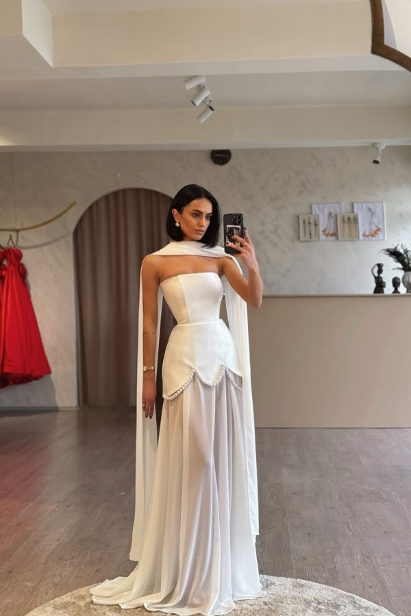 Glamorous White Satin Strapless Sleeveless Long Pleated Prom Dress with Beadings