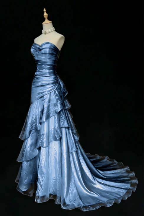 Stunning Beige Sleeveless Strapless Train Long Prom Dress with Ruffles