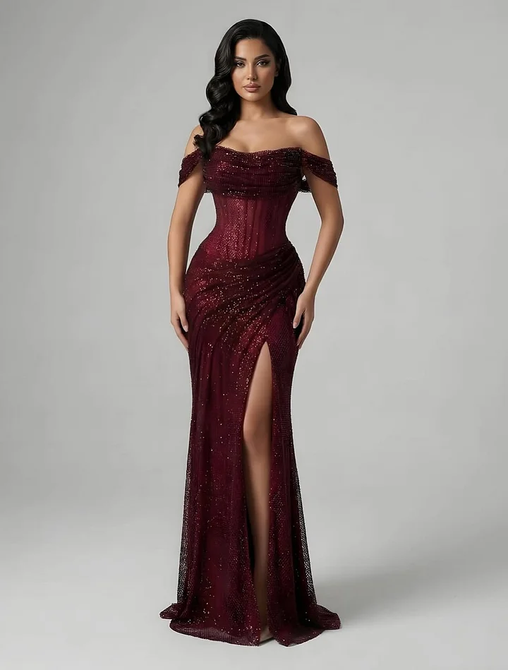 Charming Burgundy Off-The-Shoulder Pleated Prom Dress With Split