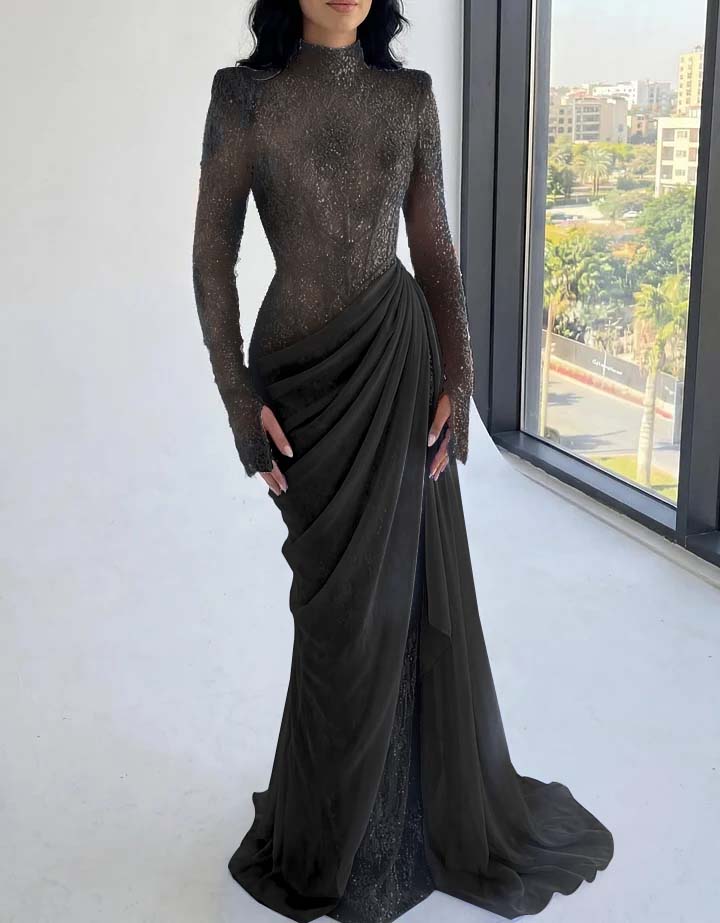 Chic High Neck Long Sleeves Beaded Applique Pleated Prom Dress with Train