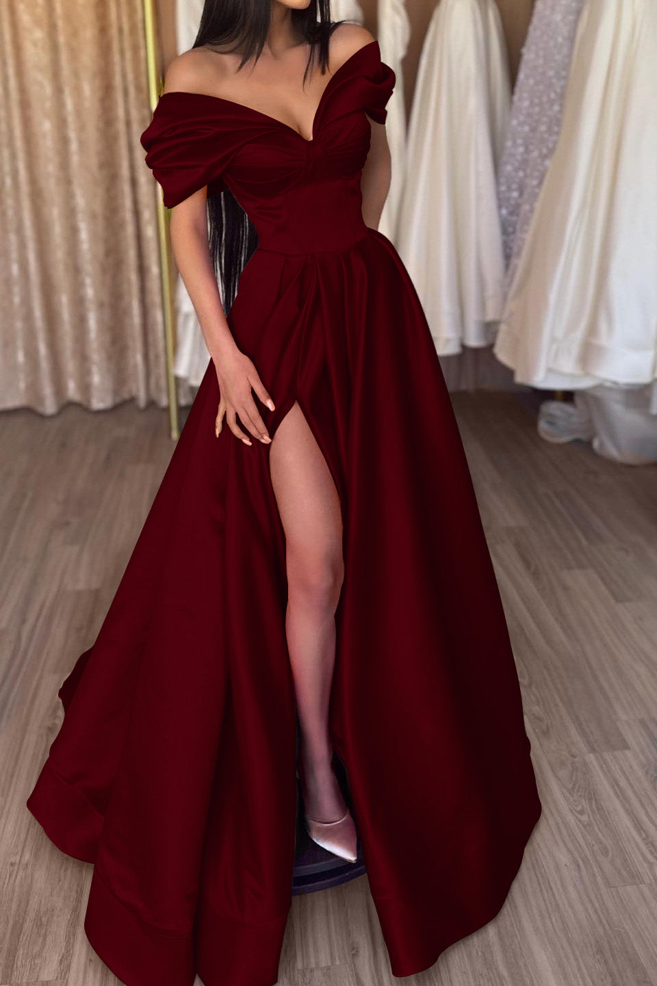 Fuchsia A-Line Portrait Prom Dress With Split