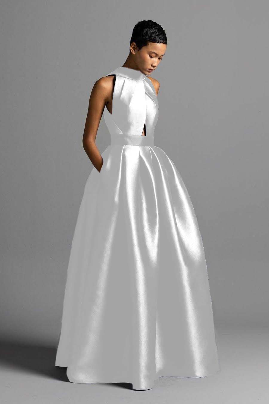 Exquisite Royal Blue Satin Halter Strapless Sleeveless A Line Prom Dress with Pleated