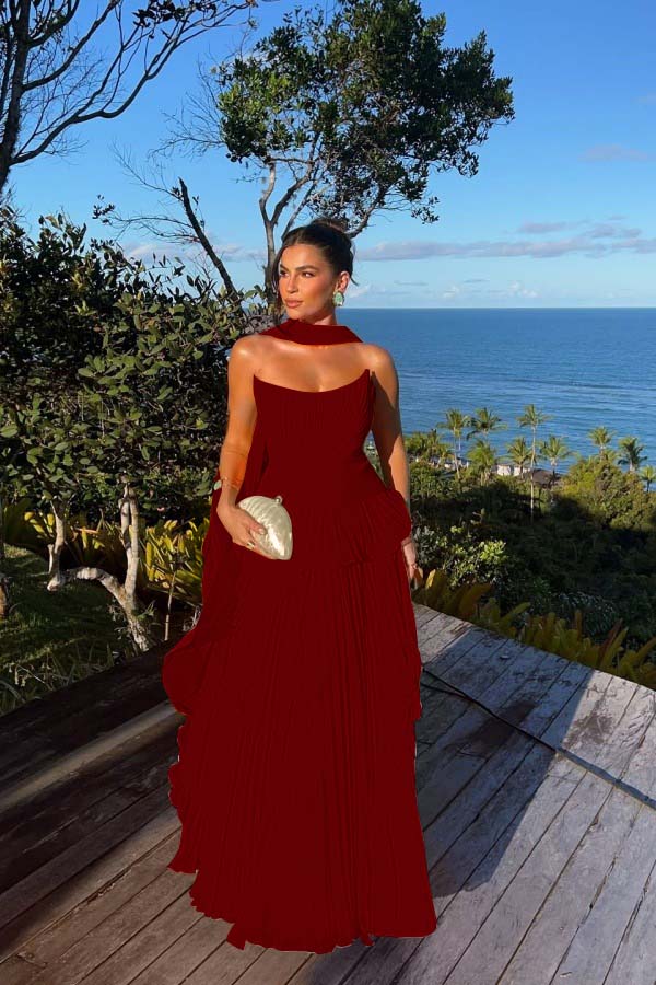 Chic Chiffon Strapless Sleeveless Pleated Prom Dress with Scarf