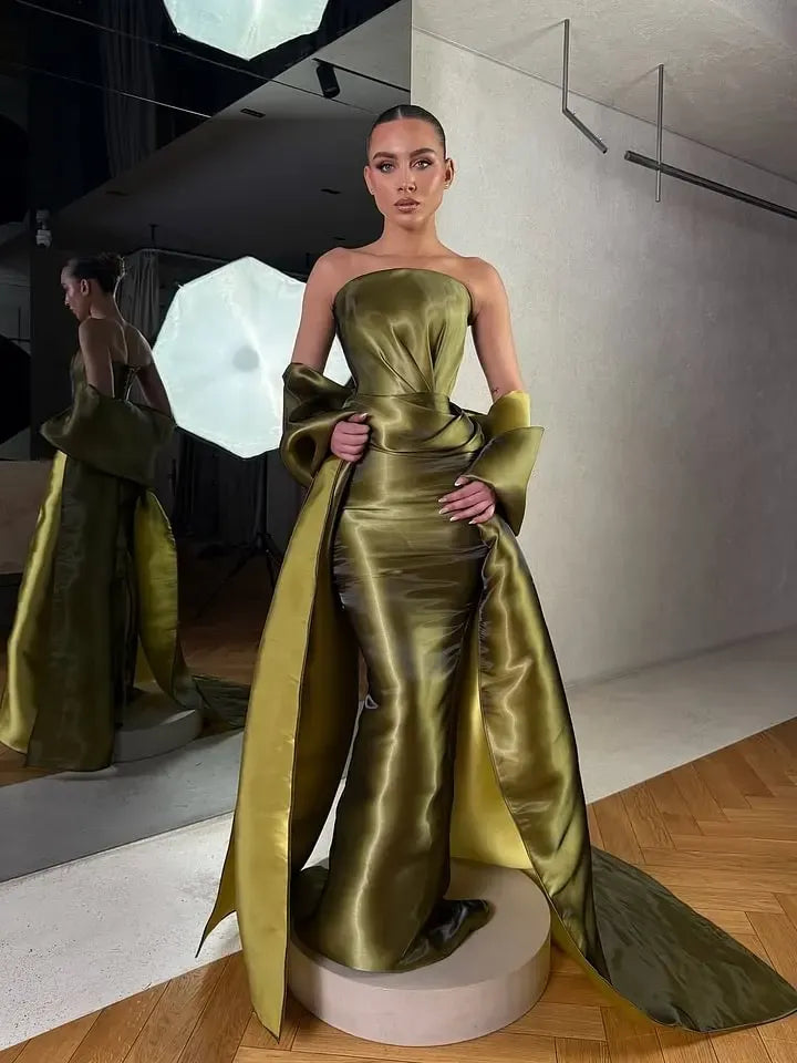 Dreamy Green Satin Strapless Sleeveless Long Prom Dress with Bow