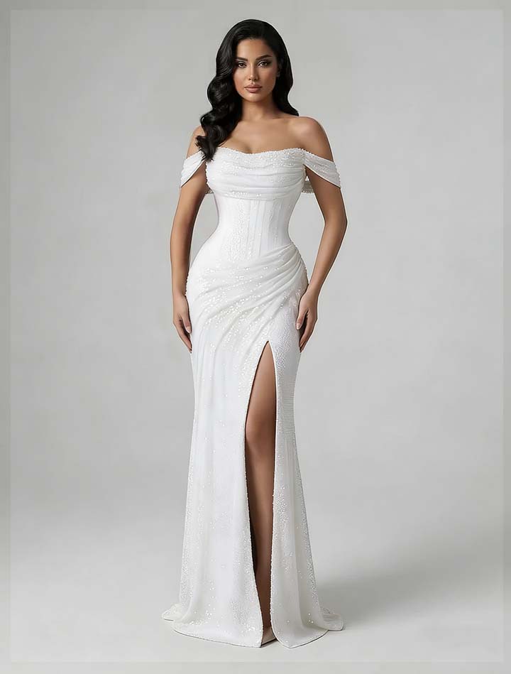 Charming Burgundy Off-The-Shoulder Pleated Prom Dress With Split