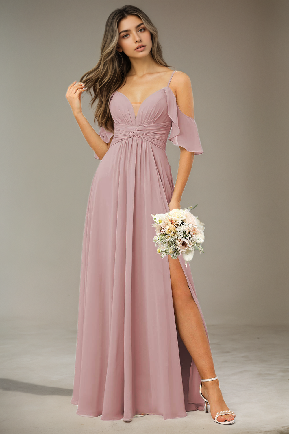 Simple Chiffon Spaghetti Strap Off the Shoulder Bridesmaid Dress with Split