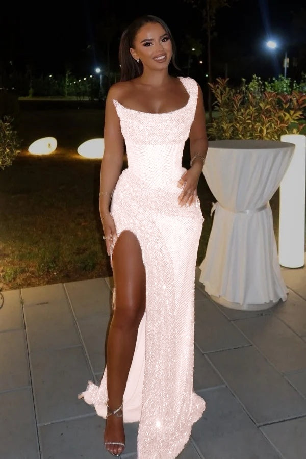Glamorous Sequins One Shoulder Sleeveless Split Prom Dress with Pleated