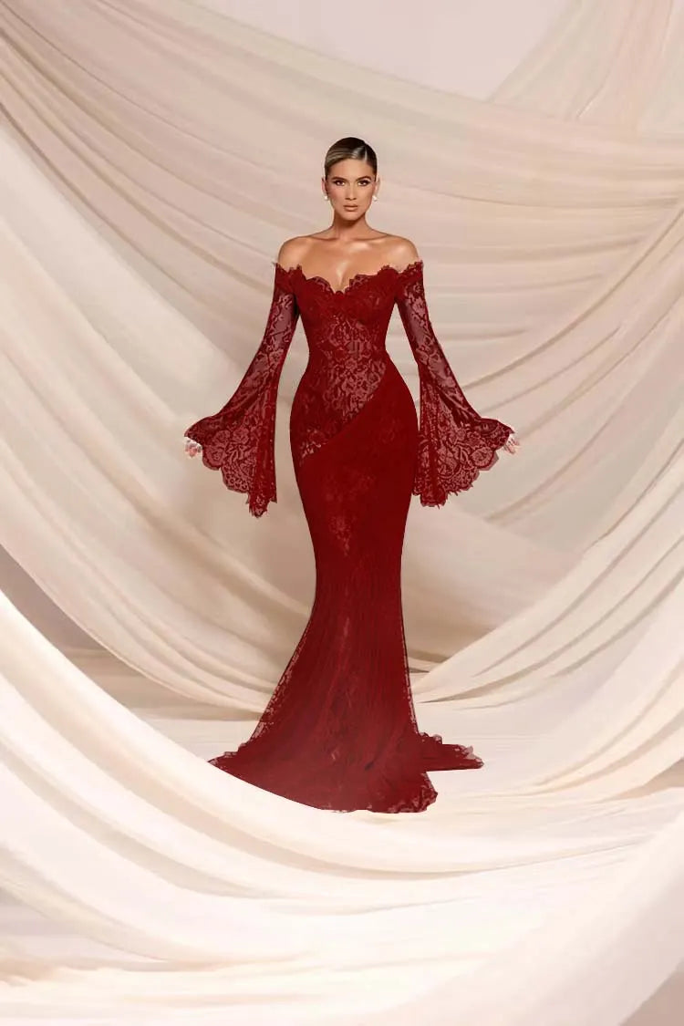 Charming White Lace Bateau Neck Long Sleeves Mermaid Wedding Dress
