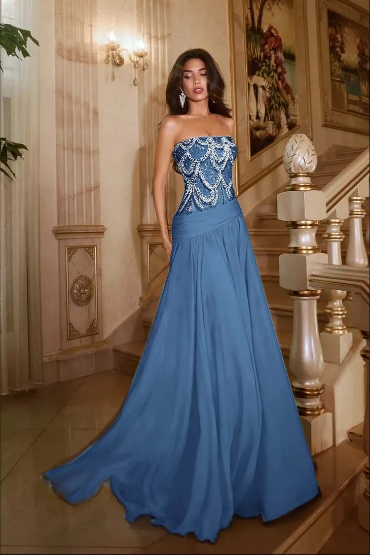 Exquisite DarkNavy Chiffon Sleeveless Strapless Prom Dress with Sequins