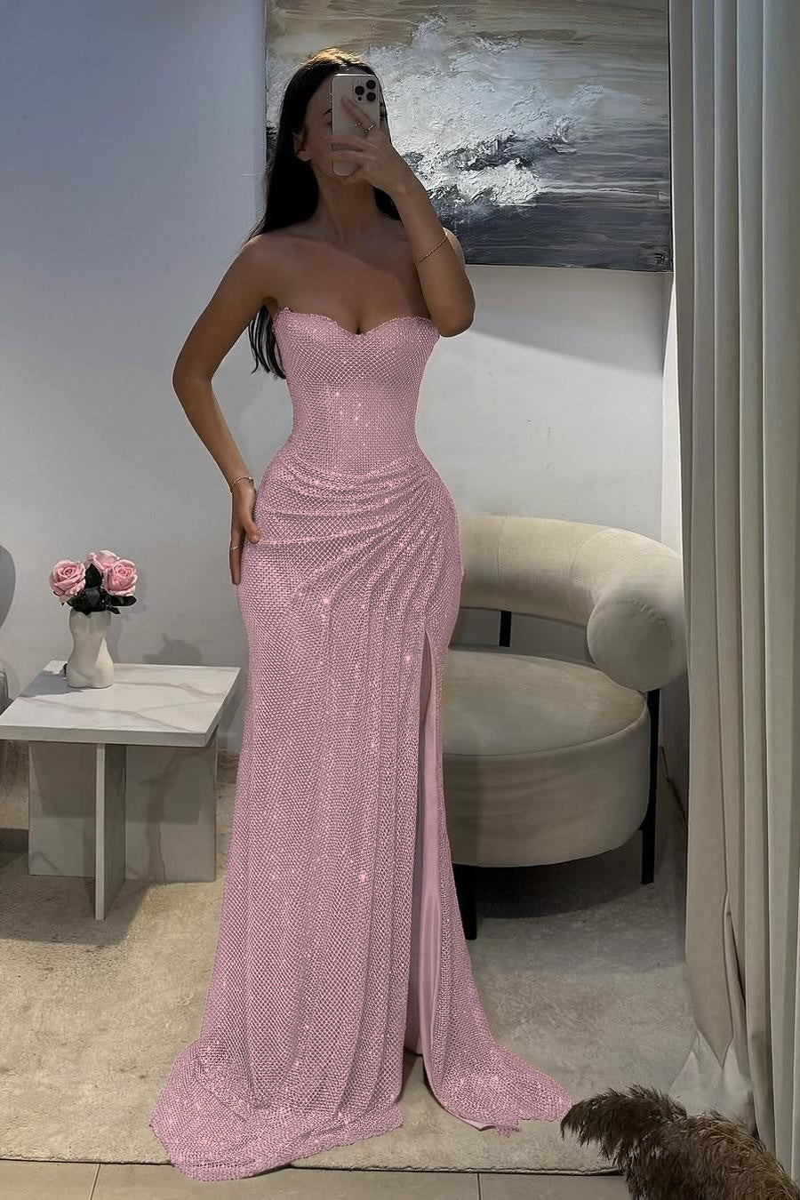 Shinning Silver Sweetheart Sleeveless Long Pleated Prom Dress with Split