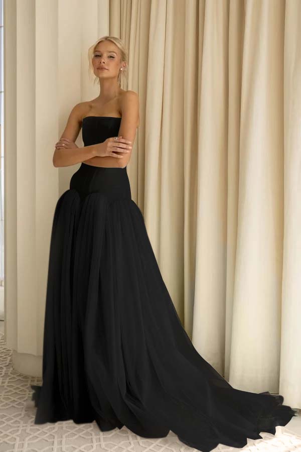 Sexy Sage Tulle Strapless Sleeveless Long Prom Dress with Pleated