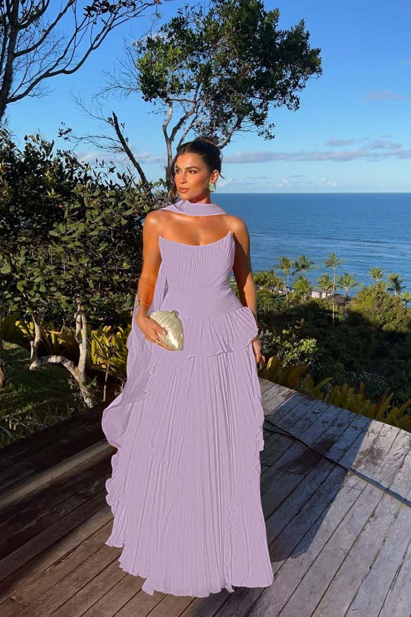Chic Chiffon Strapless Sleeveless Pleated Prom Dress with Scarf