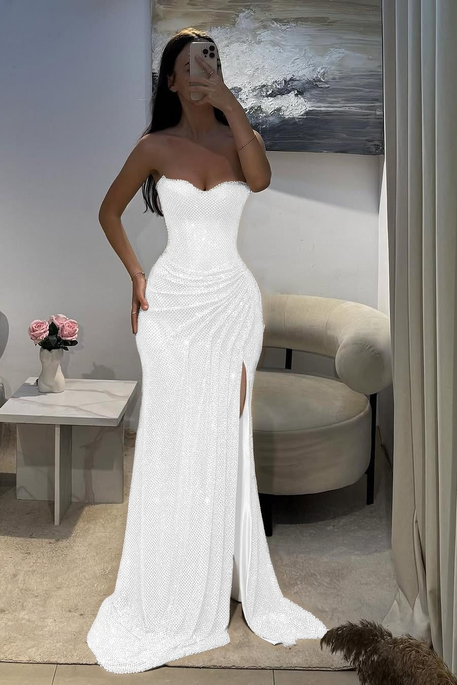 Shinning Silver Sweetheart Sleeveless Long Pleated Prom Dress with Split