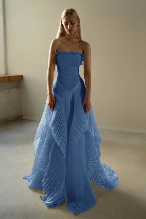Chic Ivory Chiffon Strapless Sleeveless Slim Long Prom Dress with Ruffles