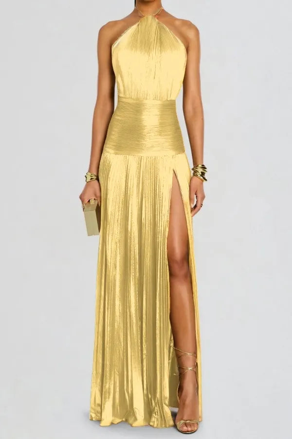 Charming Green Halter Sleeveless Backless Split Prom Dress with Pleated
