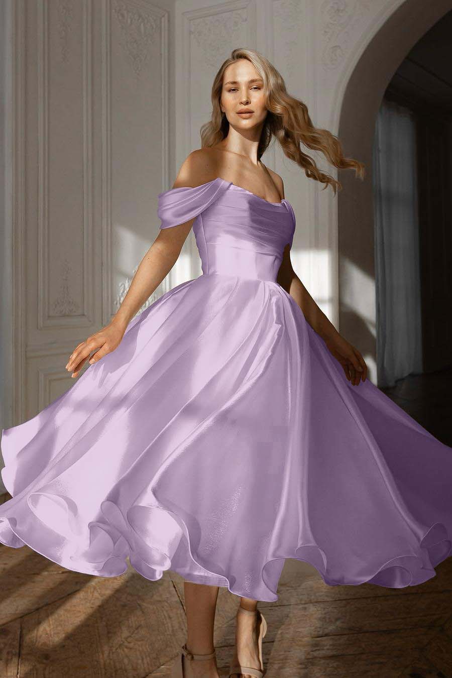 Exquisite White Satin Strapless Off the Shoulder A Line Prom Dress with Ruffles