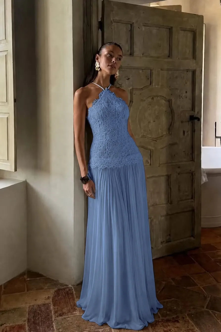 Elegant White Lace Sleeveless Halter Long Prom Dress with Pleated
