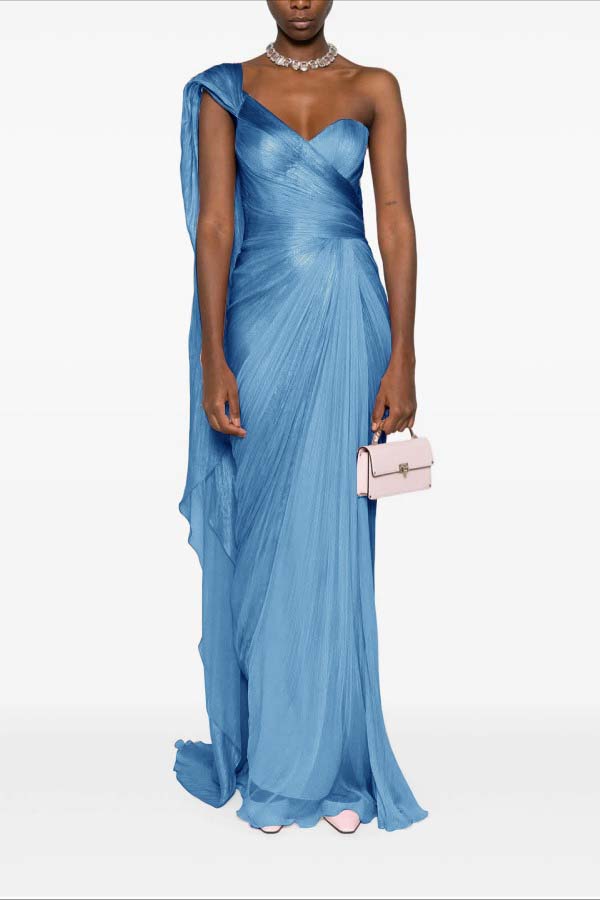 Charming Pink One Shoulder Sleeveless Pleated Prom Dress with Train