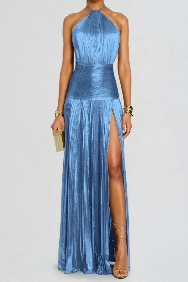 Charming Green Halter Sleeveless Backless Split Prom Dress with Pleated