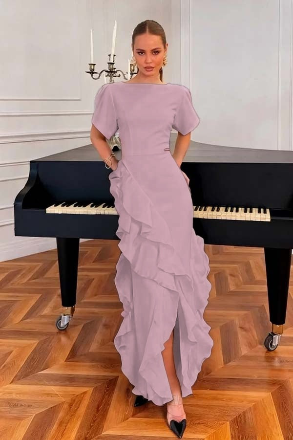 Charming Black Jewel Neck Short Sleeves Ruffles Prom Dress with Split