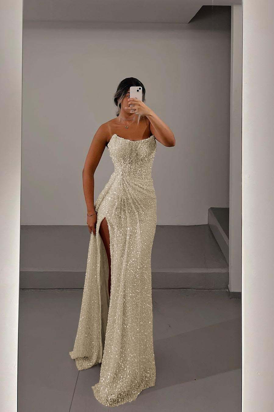 Glamorous Light Pink Sequins Strapless Sleeveless Long Prom Dress with Split