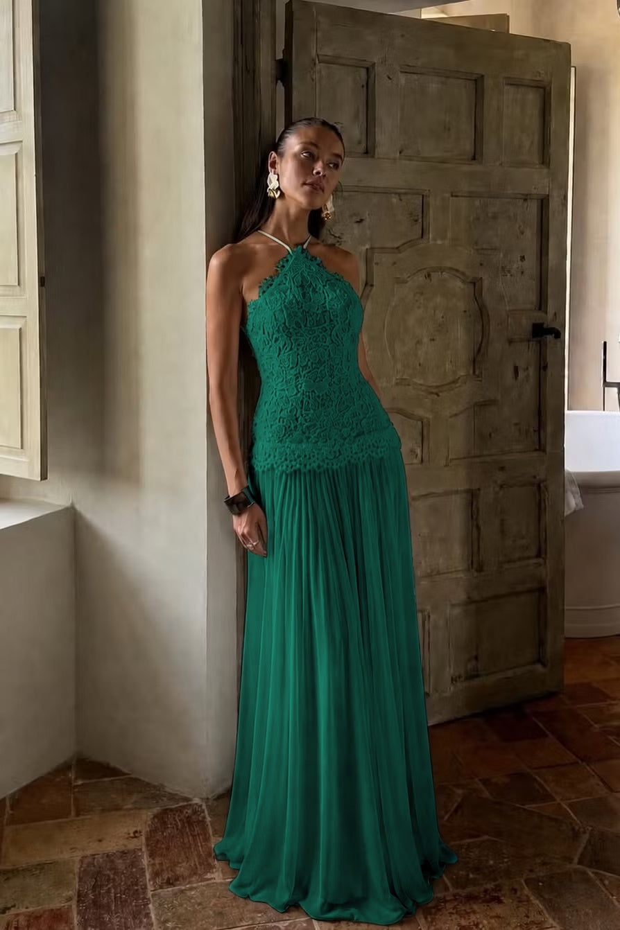 Elegant White Lace Sleeveless Halter Long Prom Dress with Pleated