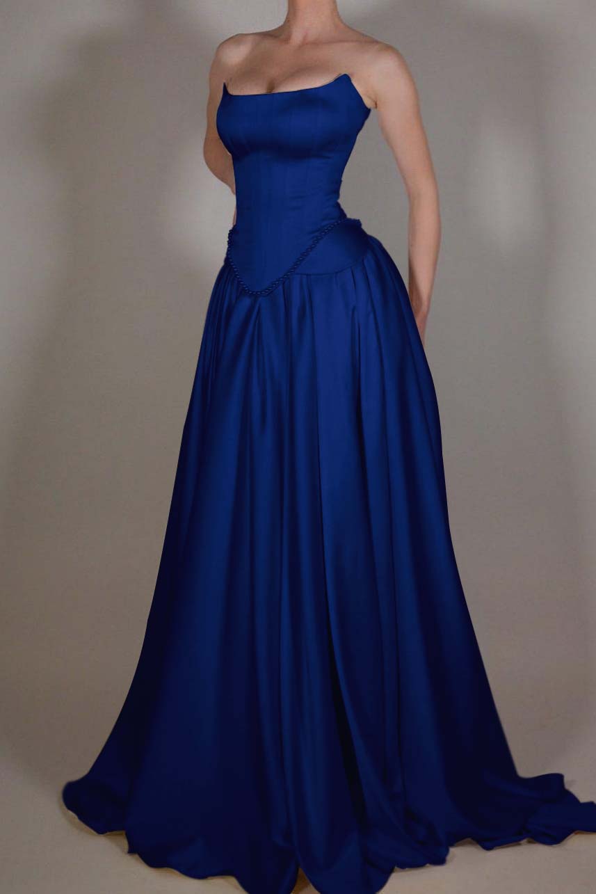 Exquisite Satin Ivory Sleeveless Strapless Long Pleated Prom Dress with Beadings
