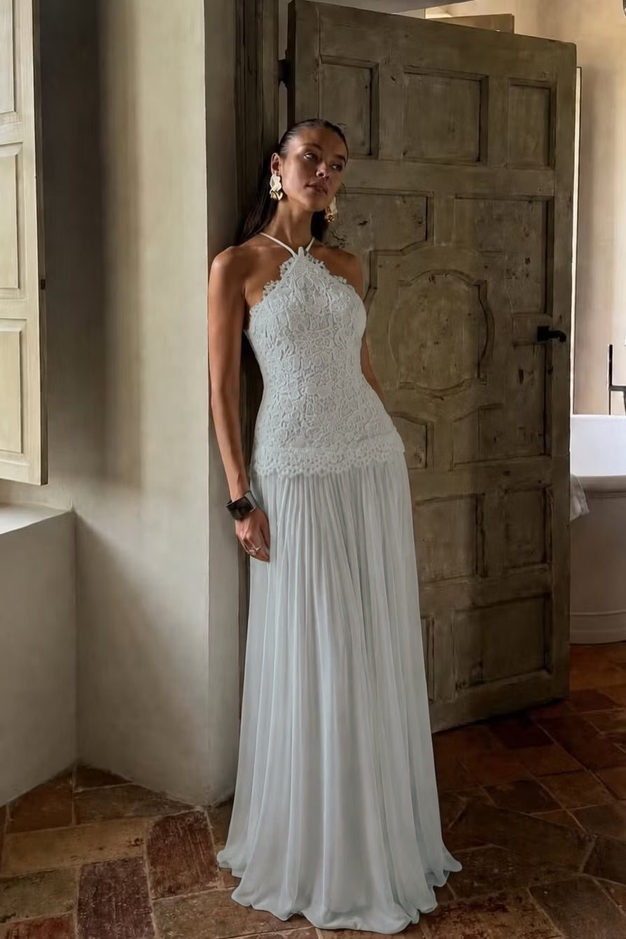 Elegant White Lace Sleeveless Halter Long Prom Dress with Pleated
