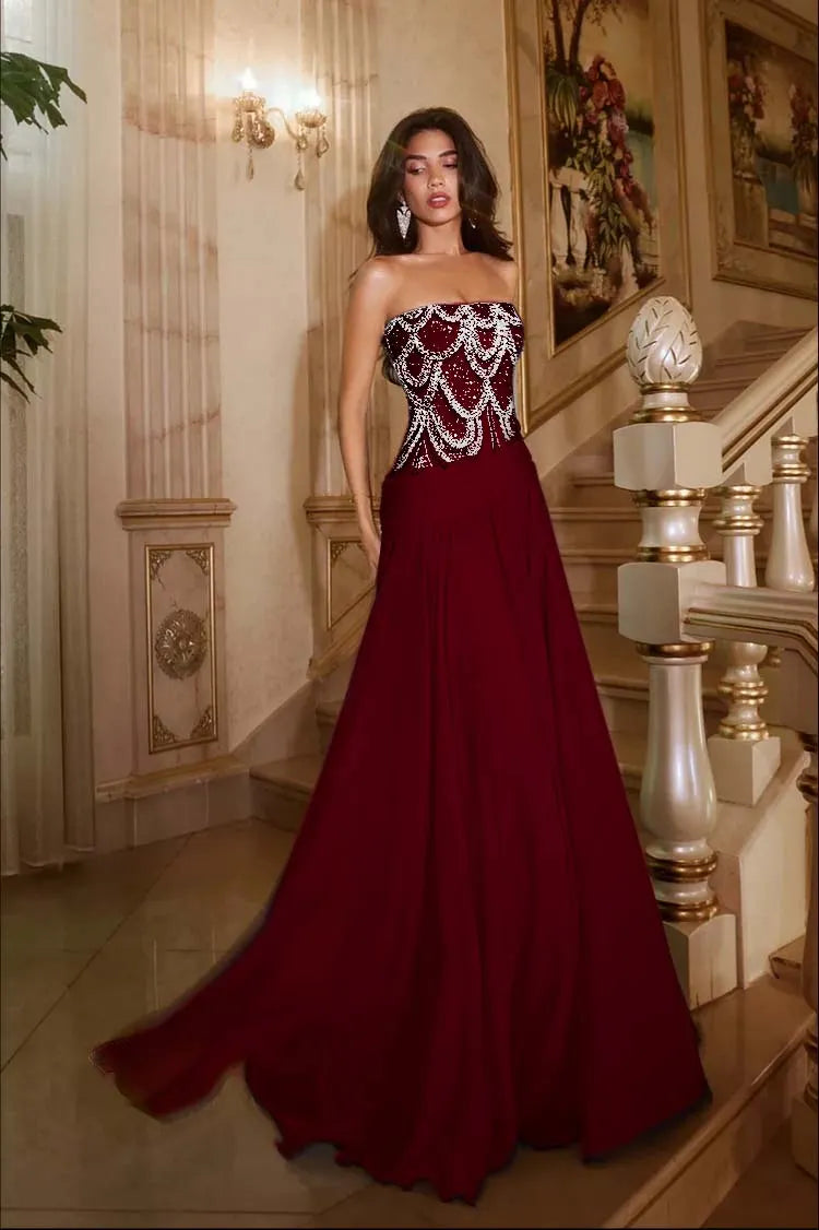 Exquisite DarkNavy Chiffon Sleeveless Strapless Prom Dress with Sequins
