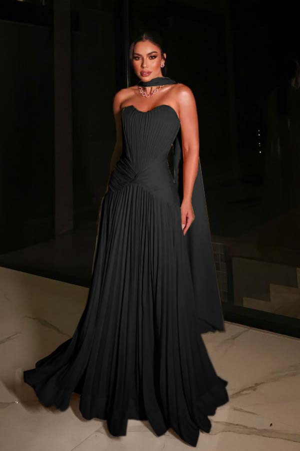 Glamorous Strapless Sleeveless Pleated Long Prom Dress with Scarf
