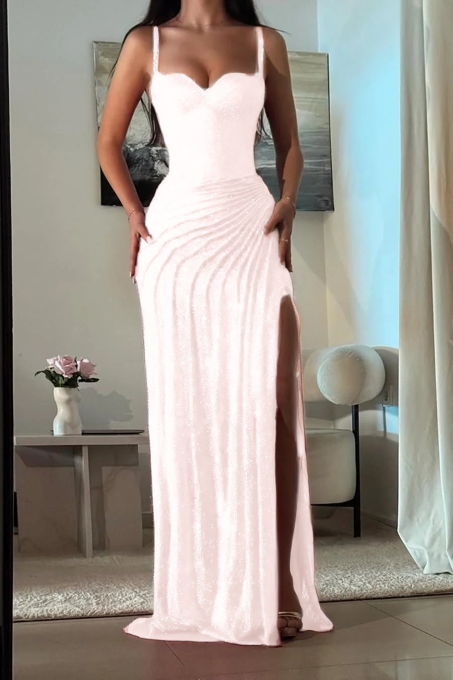 Amazing Fuchsia Sequins Spaghetti Strap Sweetheart Sleeveless Pleated Prom Dress with Split