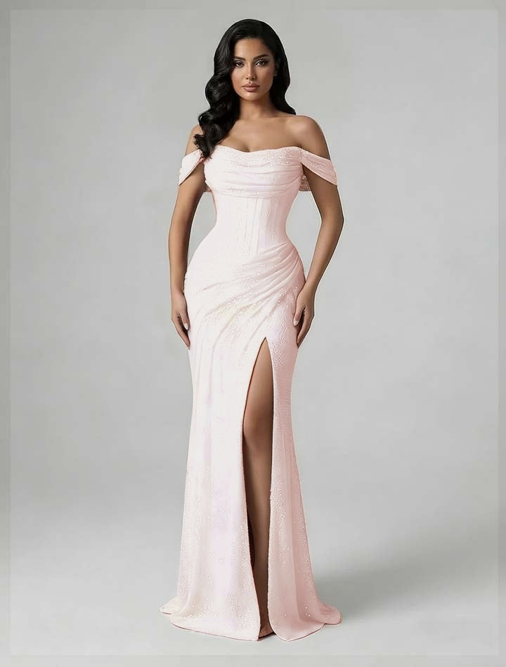 Charming Burgundy Off-The-Shoulder Pleated Prom Dress With Split