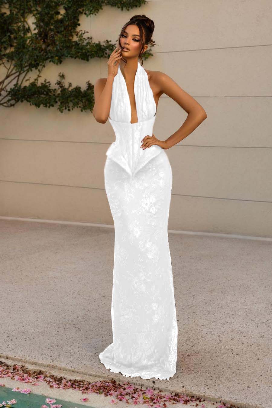 Luxurious Burgundy Halter Sleeveless Lace Slim Long Prom Dress